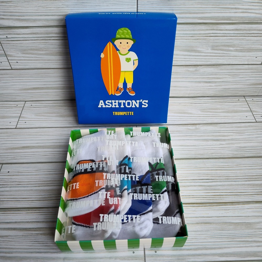 TRUMPETTE Ashton's 0-12 month Sneaker Print Baby Boy‎ Socks - 6 Pair